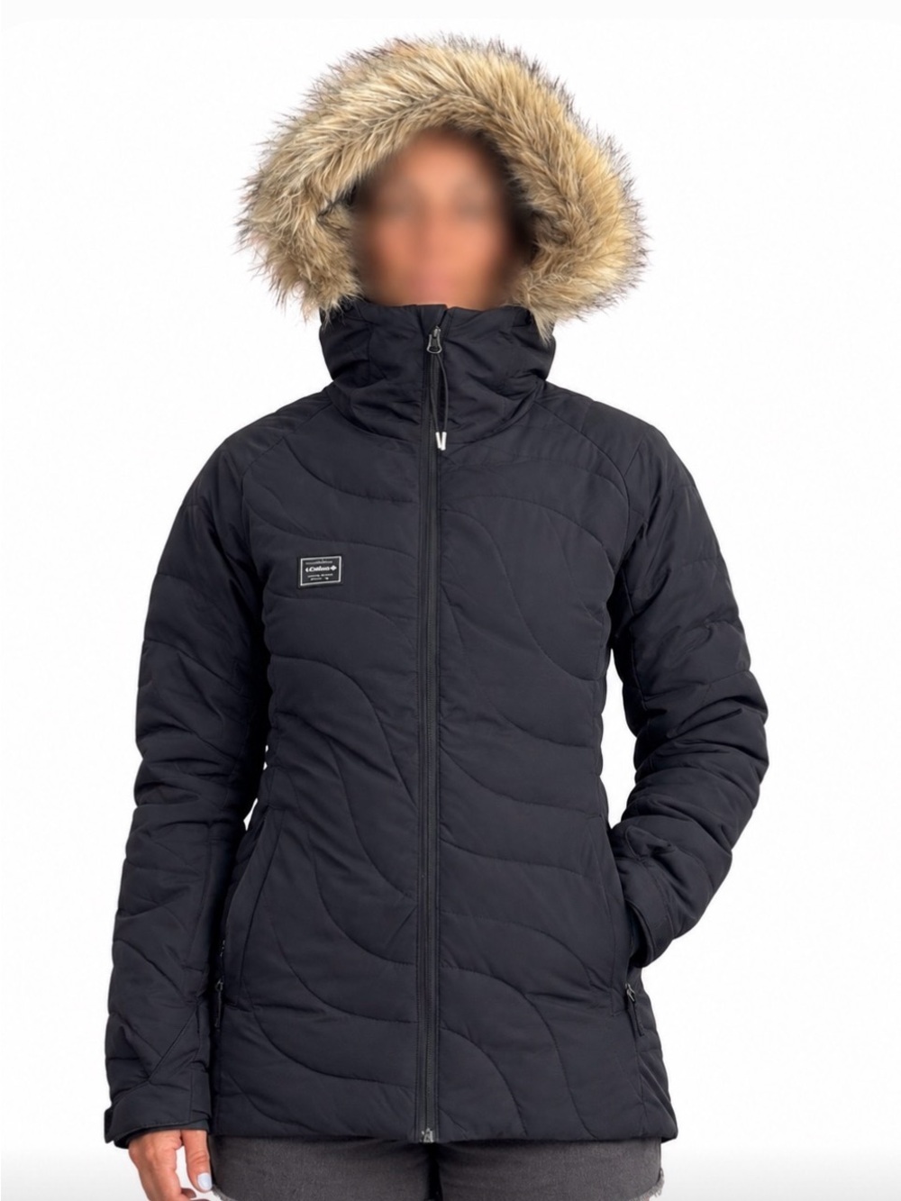 Billabong Women's Black Quilted Hooded ski jacket with Faux Fur Trim